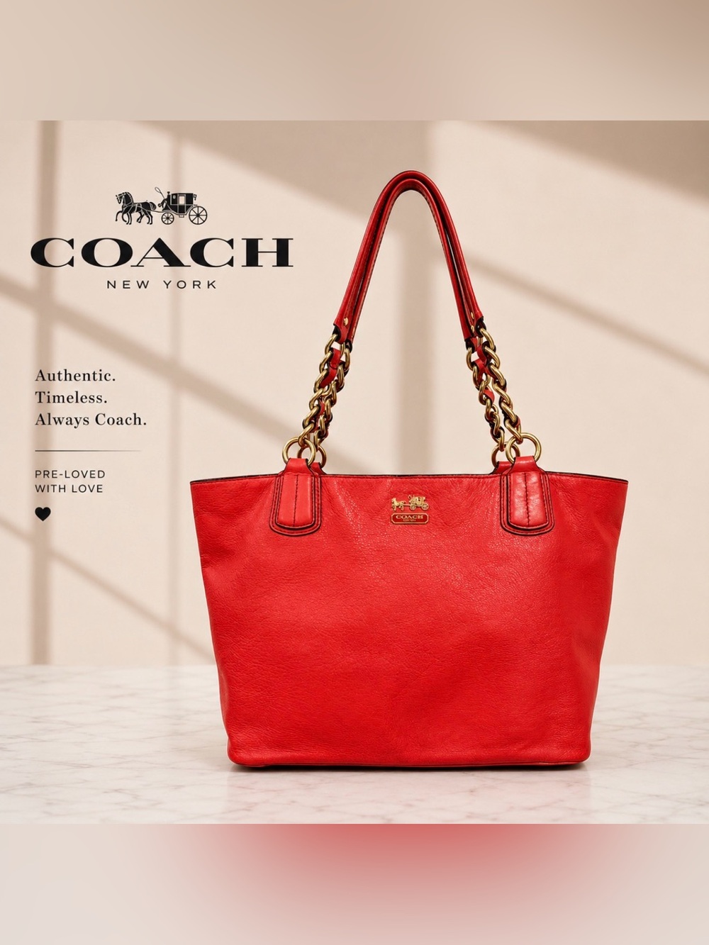COACH Madison Coral Leather Chain Tote Bag with Gold Hardware Indie Sleek